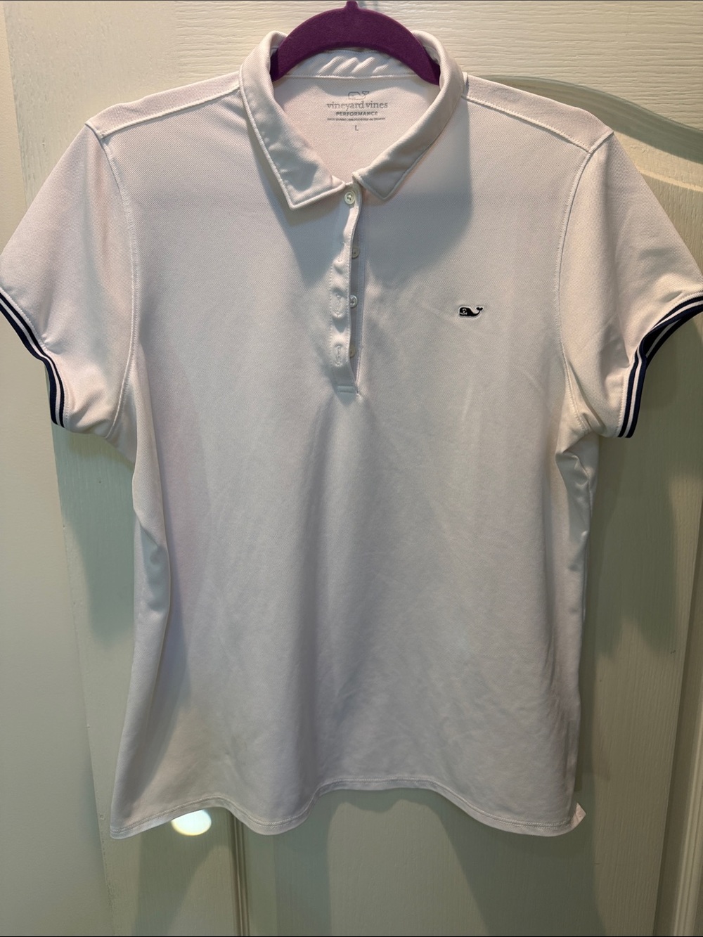 Vineyard Vines White Polo with Navy Trim and Whale Logo